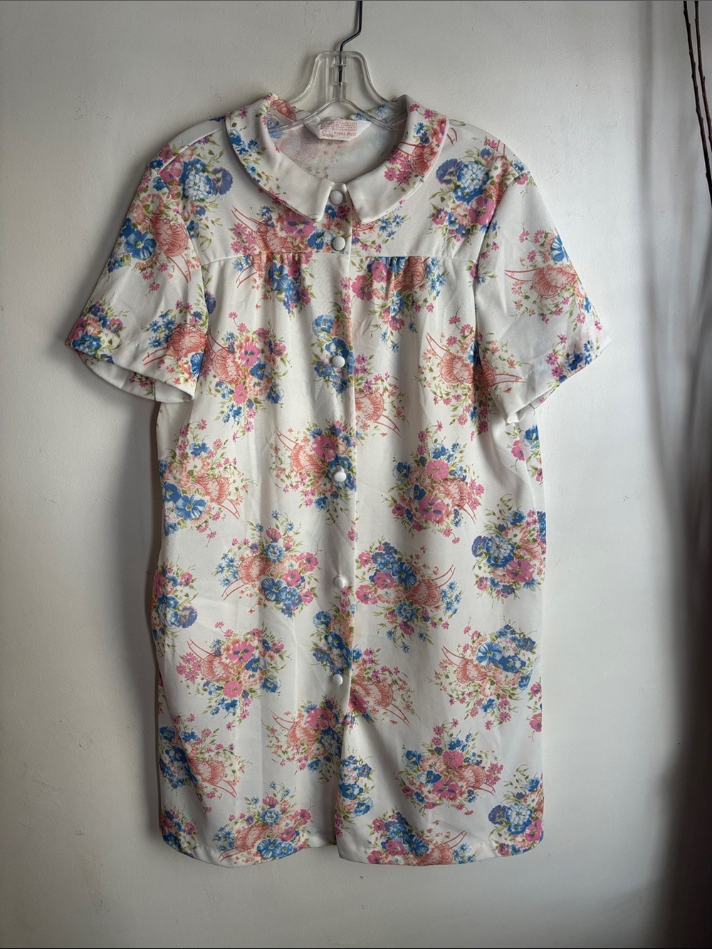 Sears | Vintage White Floral House coat/nightgown w/Pink & Blue Print w/pocket